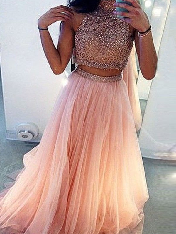Elegante vestido de fiesta de dos piezas de tul con cuentas, cuello alto, sin mangas y corte A