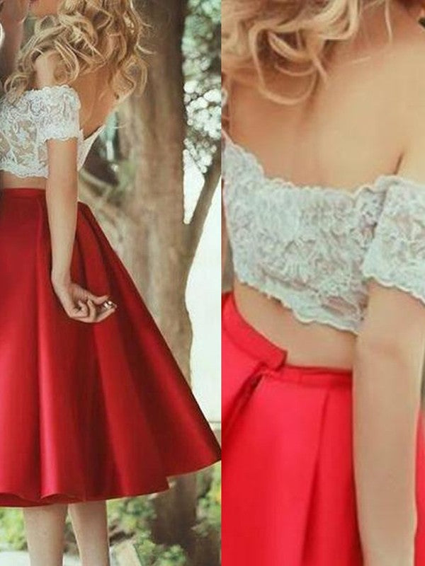 Elegante vestido de fiesta de dos piezas, corte A, sin mangas, hombros descubiertos, de satén y encaje, hasta la rodilla