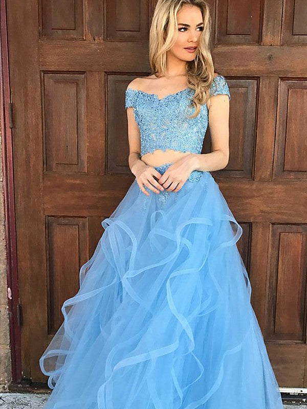 Elegante vestido de fiesta de dos piezas, corte A, sin mangas, hombros descubiertos, con apliques de tul y largo hasta el suelo