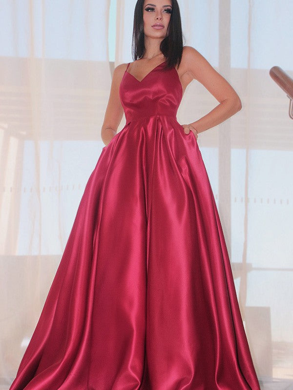 Vestidos de fiesta elegantes de satén con escote en V, sin mangas y volantes, corte A y largo hasta el suelo