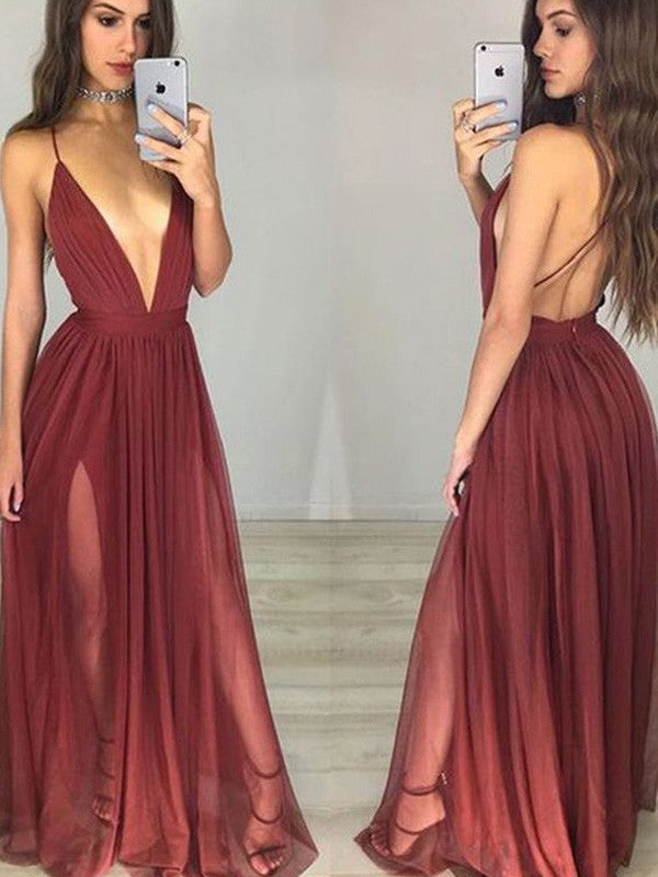 A-Linie/Elegant Ärmellos Spaghettiträger Chiffon Bodenlang Geraffte Ballkleider