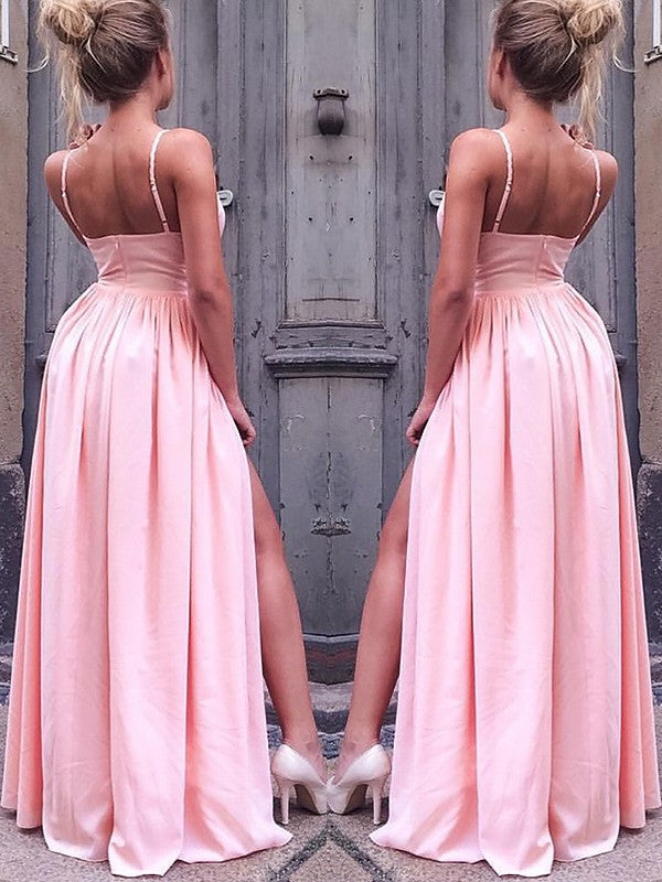 Vestidos de fiesta elegantes de satén tipo seda, con corte A, sin mangas, tirantes finos y fruncidos hasta el suelo