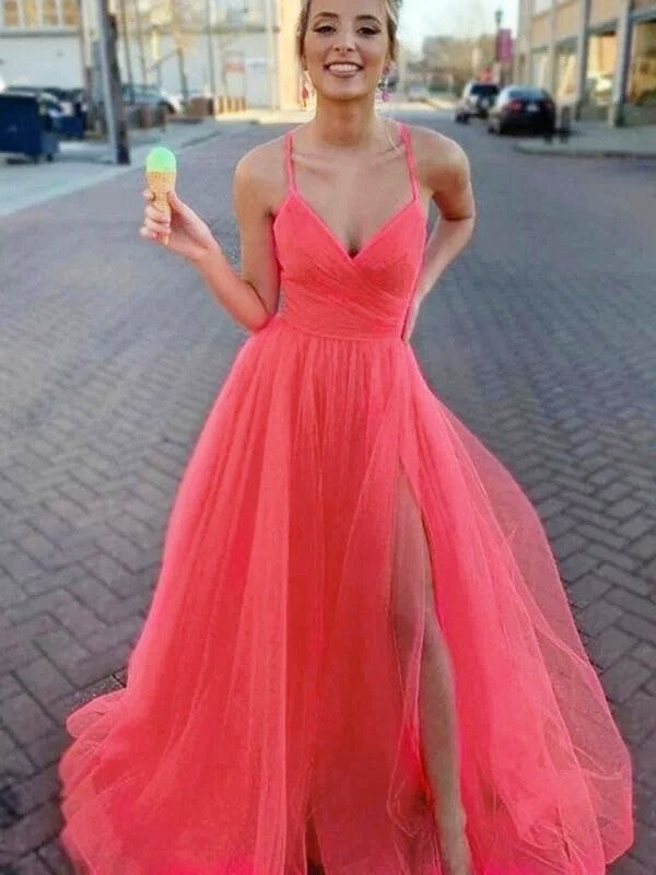 Vestidos de fiesta elegantes de corte A/sin mangas de tul con escote en V y fruncido