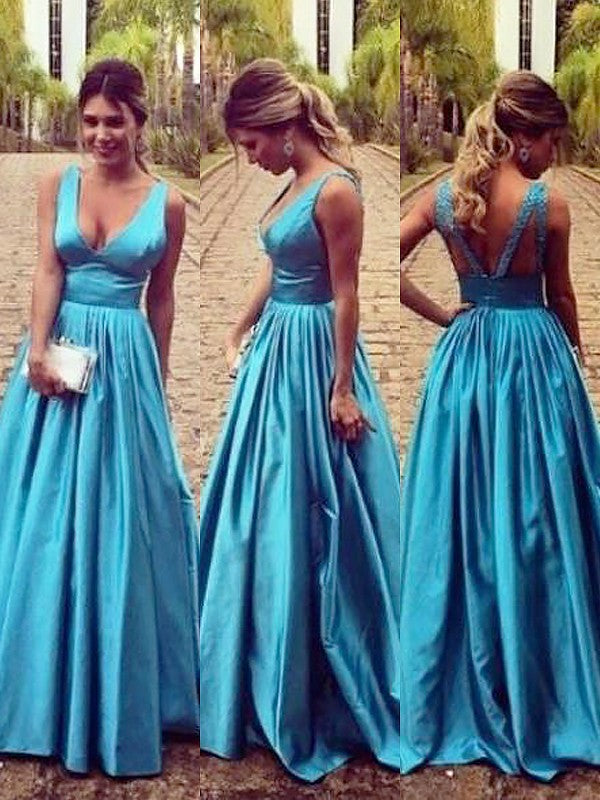Elegante vestido de fiesta de satén elástico, sin mangas, con escote en V y fruncido hasta el suelo.