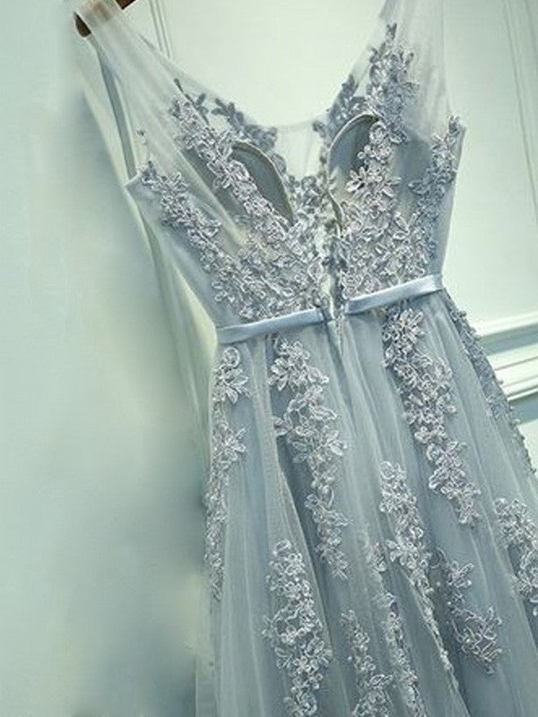 Vestidos de fiesta elegantes de corte A/sin mangas, escote en V, con apliques de tul y largo hasta el suelo