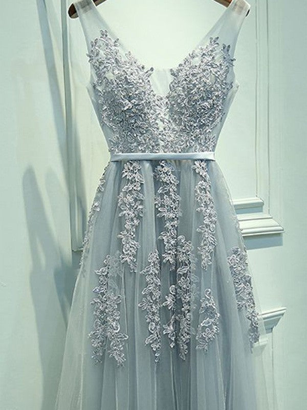 Vestidos de fiesta elegantes de corte A/sin mangas, escote en V, con apliques de tul y largo hasta el suelo
