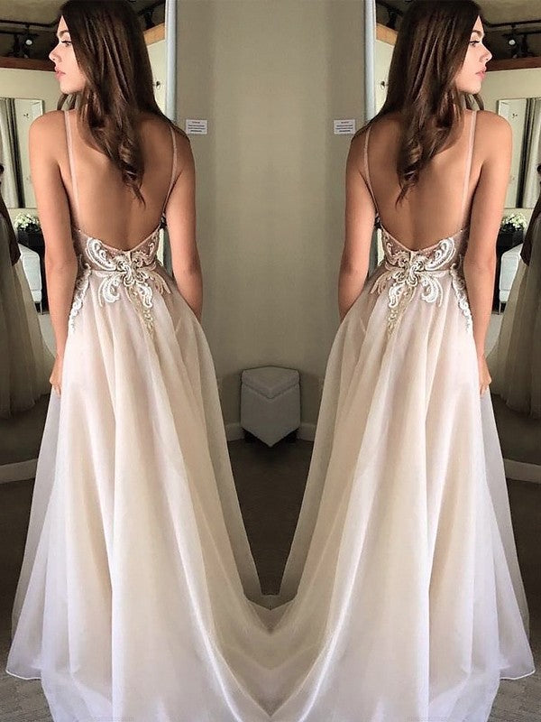 Vestidos de fiesta elegantes de gasa con apliques, sin mangas y tirantes finos en forma de A