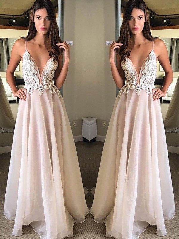 Vestidos de fiesta elegantes de gasa con apliques, sin mangas y tirantes finos en forma de A