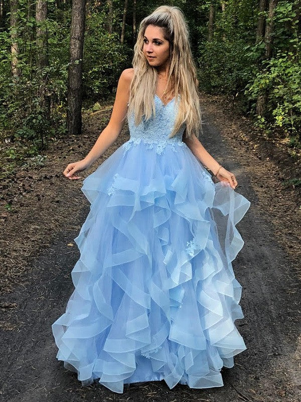 Vestidos de fiesta elegantes de corte A con tirantes finos, sin mangas, apliques de organza y largo hasta el suelo