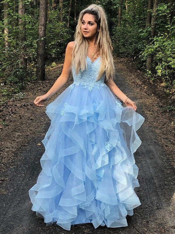 Vestidos de fiesta elegantes de corte A con tirantes finos, sin mangas, apliques de organza y largo hasta el suelo
