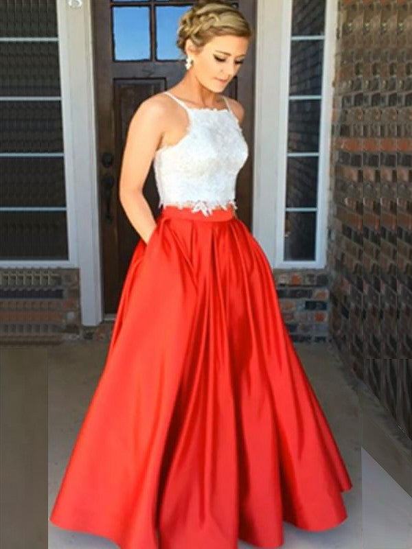Vestido de fiesta elegante de dos piezas con tirantes finos, sin mangas, de satén y encaje hasta el suelo