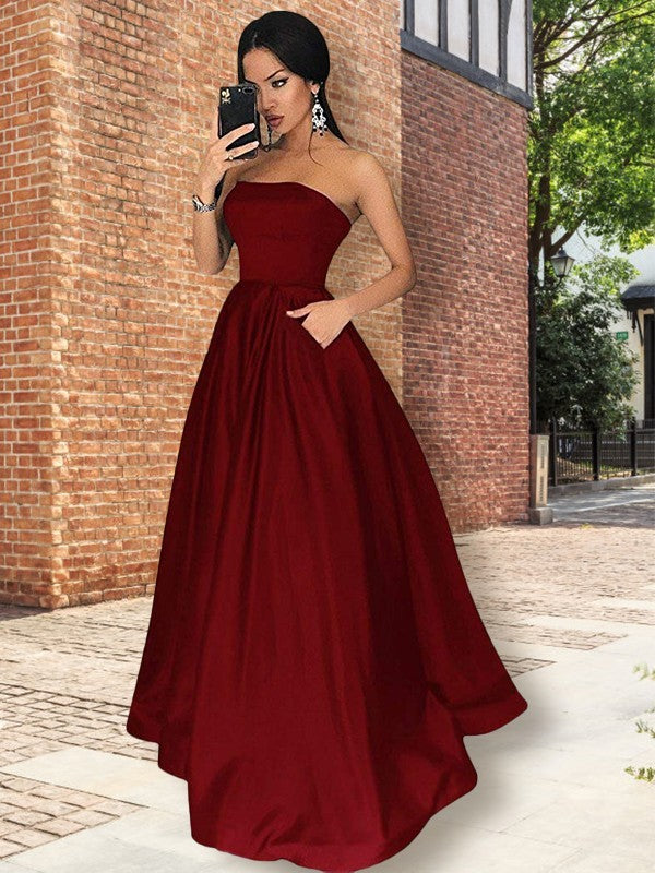 Vestidos de fiesta elegantes de satén con volantes, sin mangas, hasta el suelo y sin tirantes, corte A