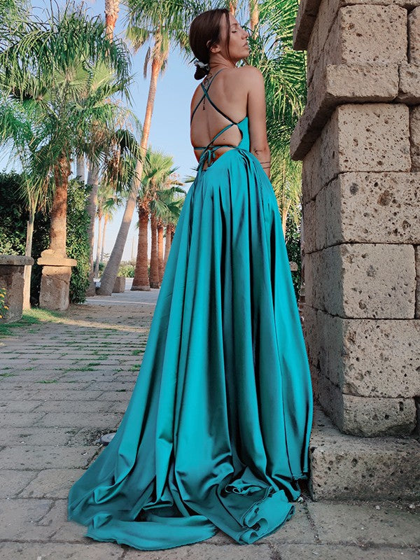 Vestidos de fiesta de satén con efecto seda, corte A, tirantes elegantes, sin mangas y volantes