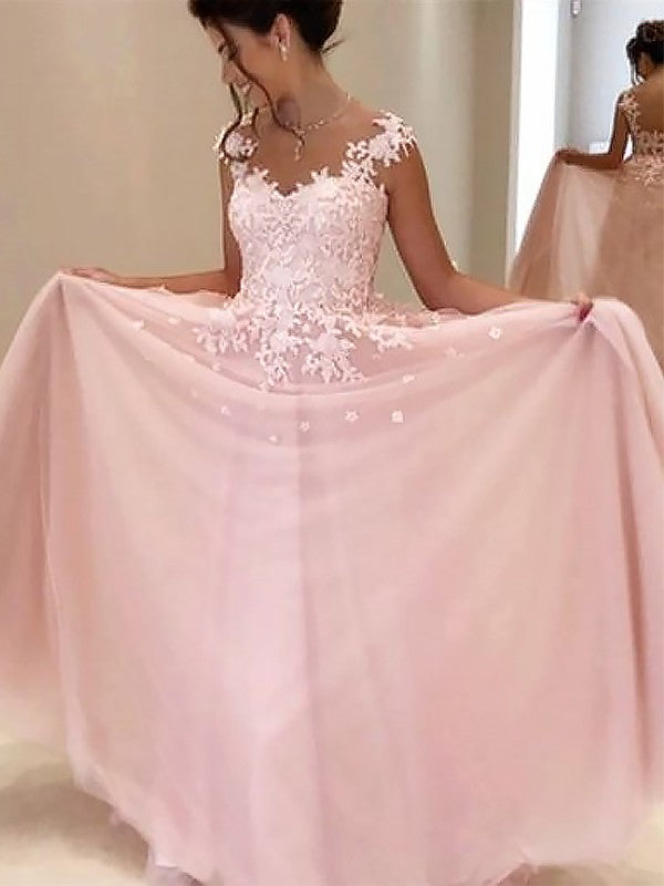 Vestidos de fiesta elegantes de corte A/Escote en forma de corazón, sin mangas, hasta el suelo, con apliques de tul