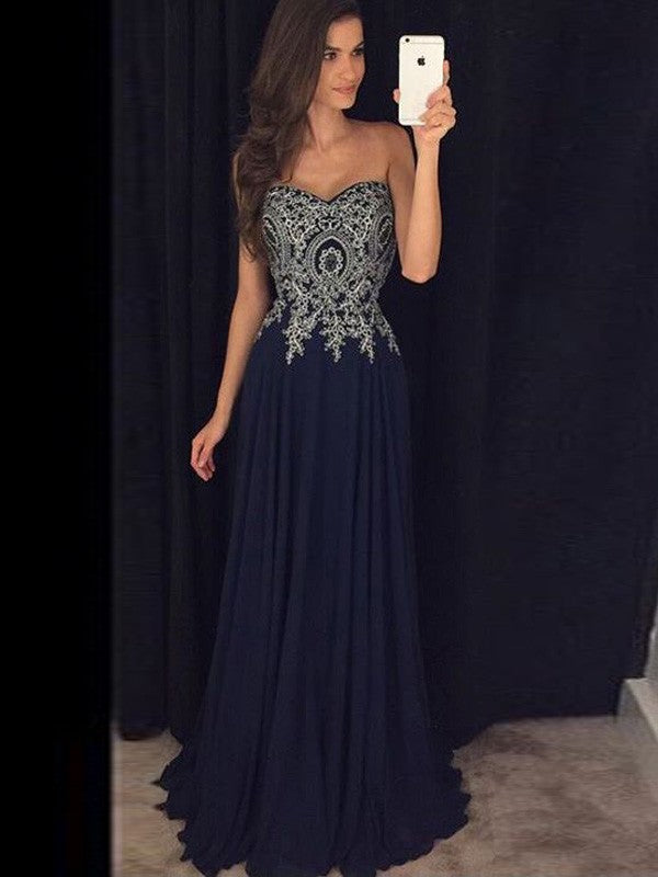 Vestidos de fiesta elegantes de corte A/Escote en forma de corazón, sin mangas, hasta el suelo, de gasa con apliques