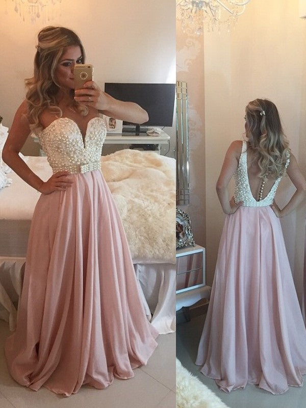 A-Linie/Elegant Herzausschnitt Ärmellos Perlen Bodenlang Chiffon Abiballkleider
