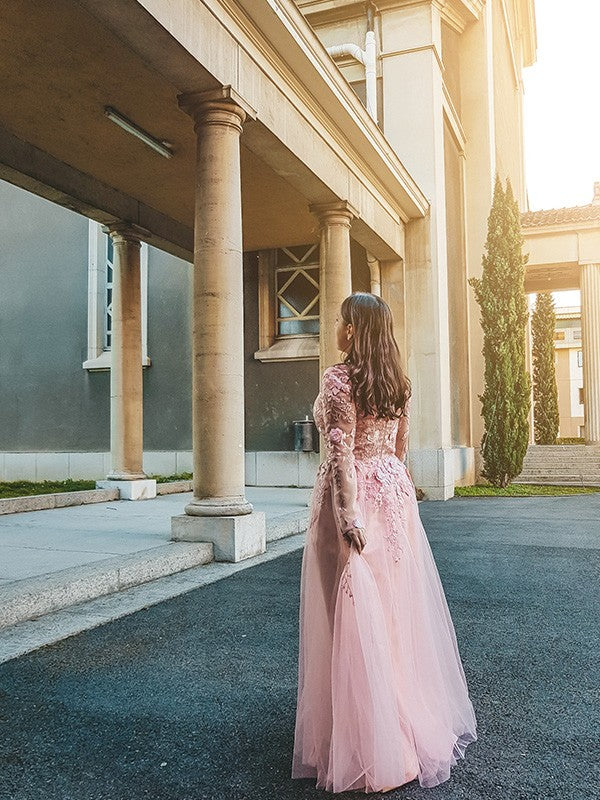 Elegante vestido de fiesta de corte A con apliques de tul, mangas largas, escote en V y largo hasta el suelo