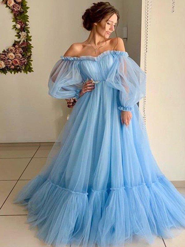 Elegante vestido de fiesta de corte A con apliques de tul, hombros descubiertos, mangas largas y largo hasta el suelo
