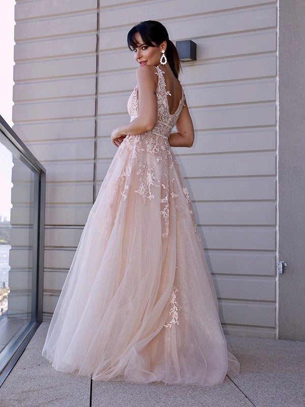 Vestidos de fiesta elegantes de corte A con apliques de tul y escote redondo sin mangas