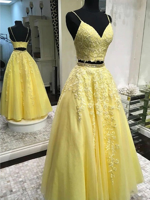 Vestido de fiesta elegante de dos piezas, corte A, con apliques de tul, sin mangas, escote en V y largo hasta el suelo