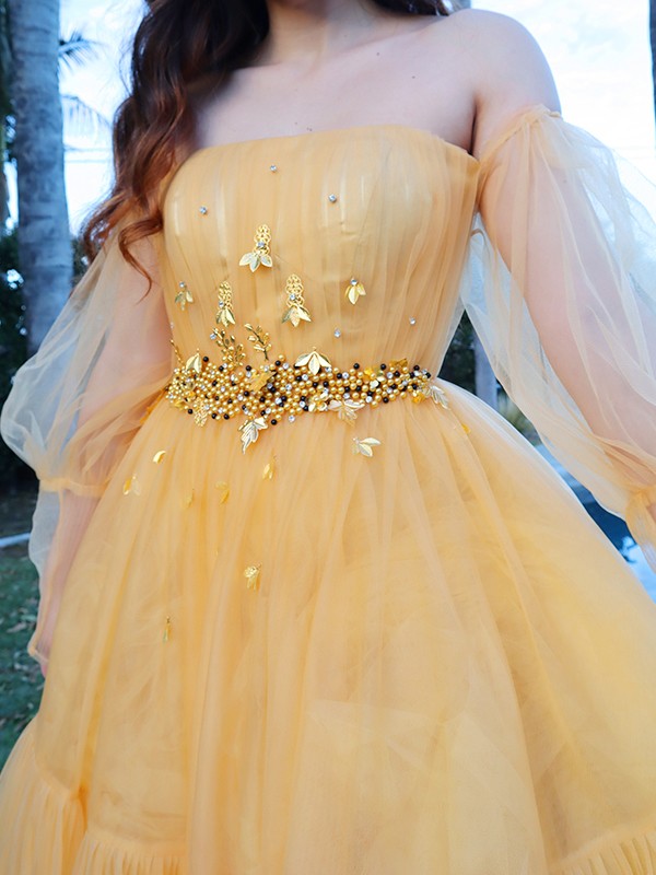 A-Linie/Elegant Tüll Perlen verziert Off-the-Shoulder Lange Ärmel Bodenlang Ballkleider