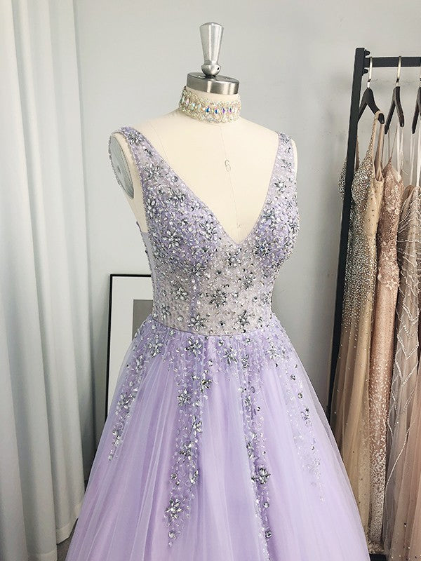 Vestidos de fiesta elegantes de tul con cuentas, escote en V, sin mangas y hasta el suelo