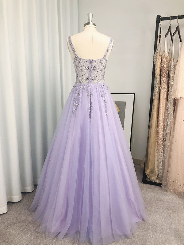 Vestidos de fiesta elegantes de tul con cuentas, escote en V, sin mangas y hasta el suelo