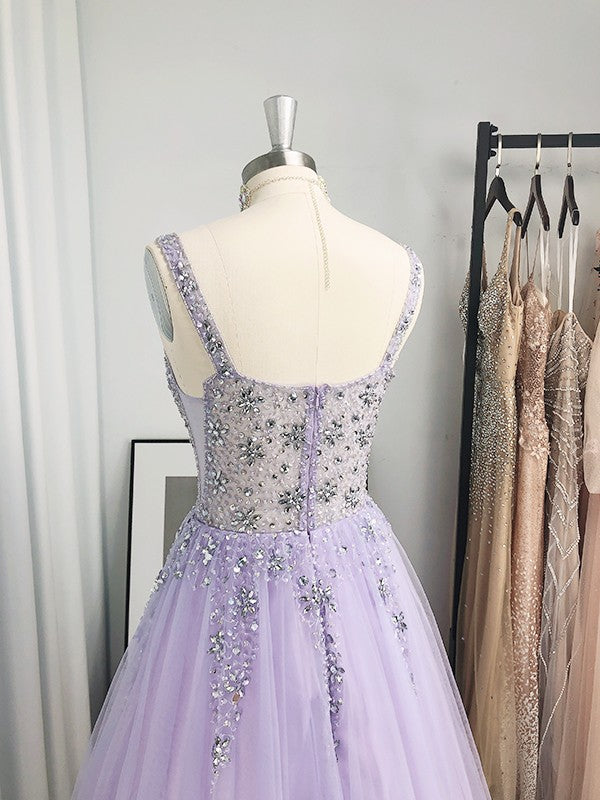 Vestidos de fiesta elegantes de tul con cuentas, escote en V, sin mangas y hasta el suelo