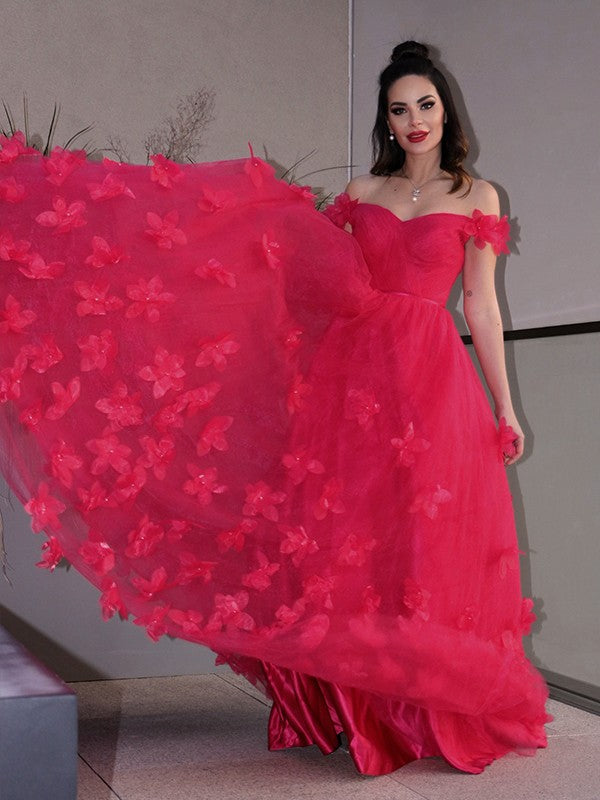 A-Linie/Elegant Tüll Handgemachte Blume Off-the-Shoulder Ärmellos Bodenlang Ballkleider