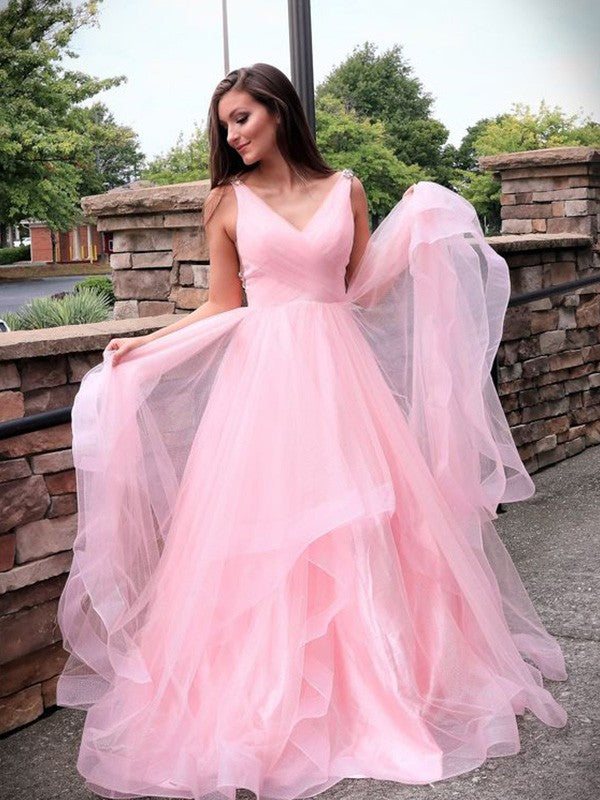 Vestidos de fiesta elegantes de tul fruncido sin mangas con escote en V y corte A
