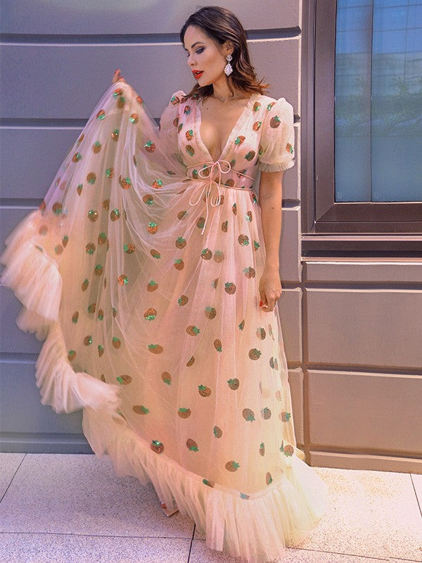 Elegante vestido de fiesta de tul con volantes, escote en V, mangas cortas y largo hasta el suelo