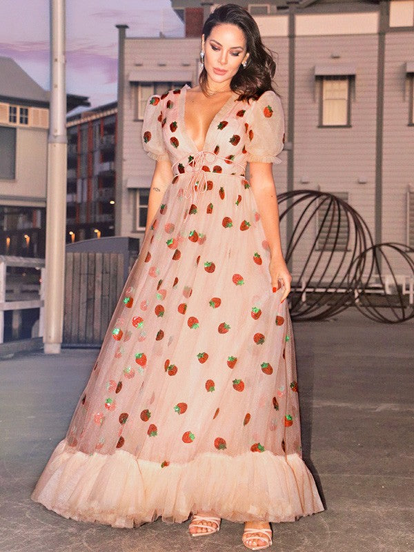 Elegante vestido de fiesta de tul con volantes, escote en V, mangas cortas y largo hasta el suelo
