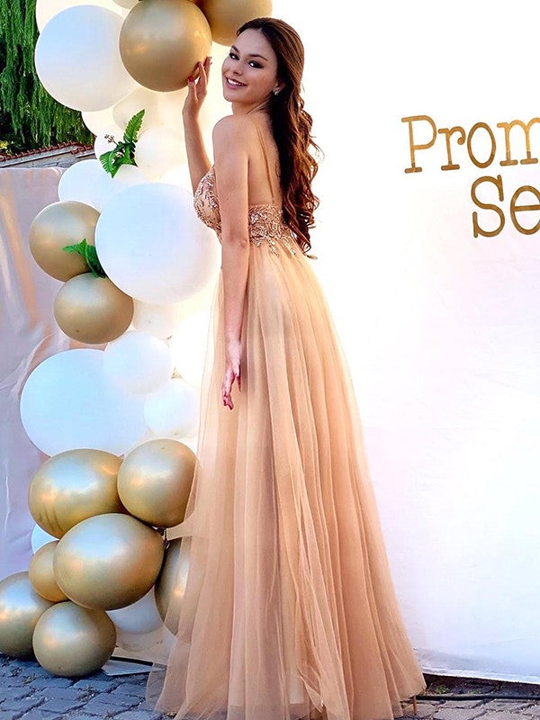 Elegante vestido de fiesta de tul con tirantes finos, sin mangas, con cuentas y largo hasta el suelo