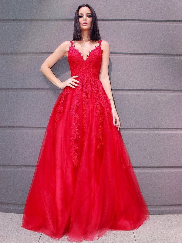 Vestidos de fiesta elegantes de tul con escote en V, largo hasta el suelo, sin mangas y apliques