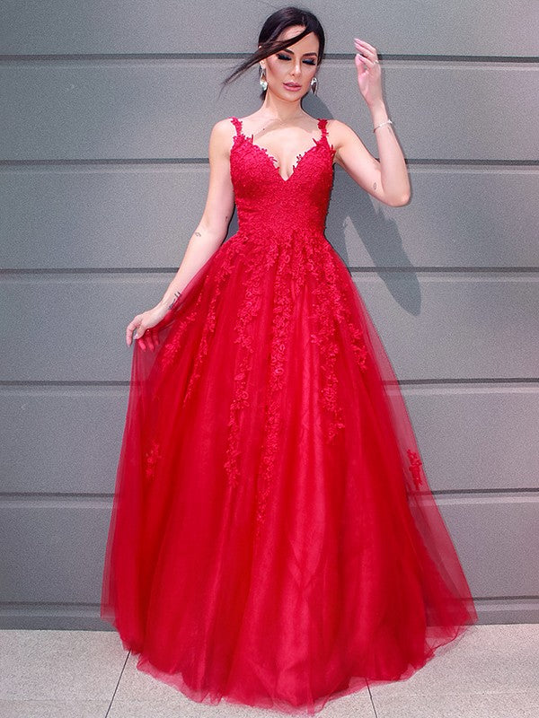 Vestidos de fiesta elegantes de tul con escote en V, largo hasta el suelo, sin mangas y apliques