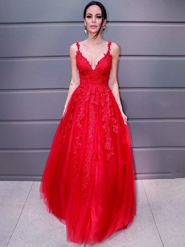 Vestidos de fiesta elegantes de tul con escote en V, largo hasta el suelo, sin mangas y apliques