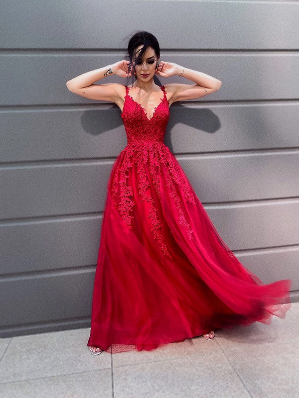 Vestidos de fiesta elegantes de tul con escote en V, largo hasta el suelo, sin mangas y apliques