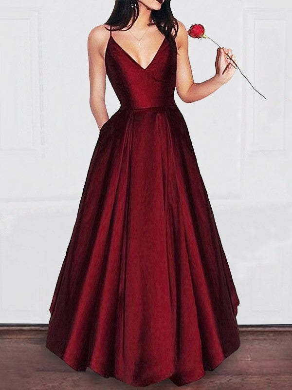 A-Linie/Elegant V-Ausschnitt Bodenlang Rüschen Satin Ballkleider