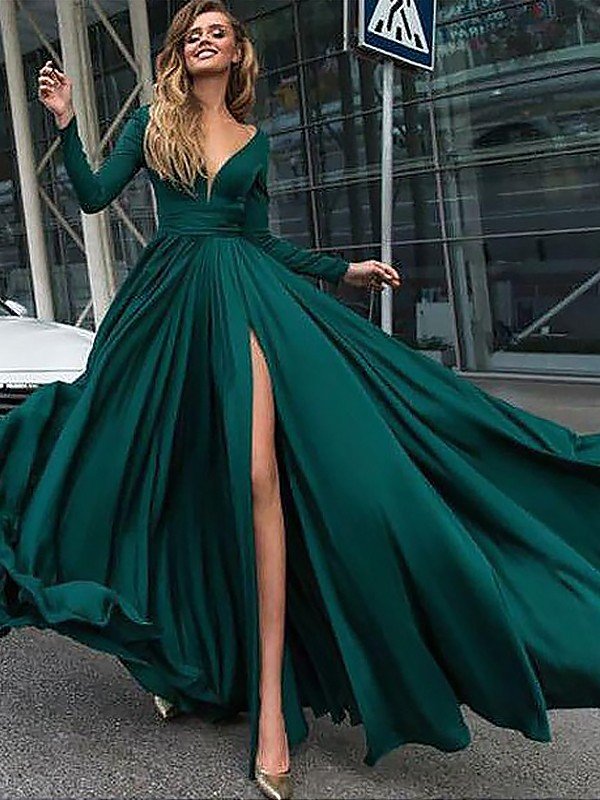 Elegante vestido de fiesta de satén de gasa con escote en V, mangas largas y volantes hasta el suelo