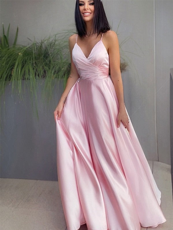 Vestidos de fiesta elegantes de satén con escote en V, fruncidos, sin mangas y hasta el suelo