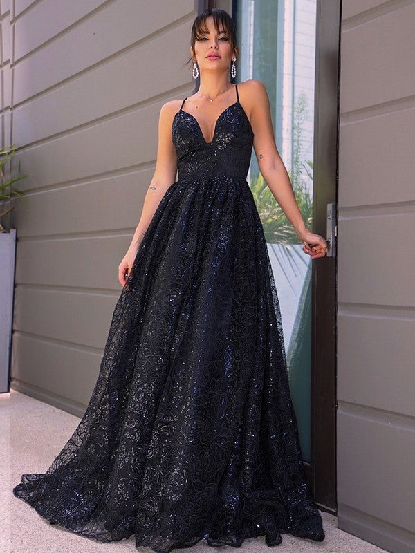 Vestidos de fiesta elegantes con lentejuelas, escote en V y corte A, sin mangas