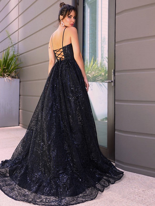 Vestidos de fiesta elegantes con lentejuelas, escote en V y corte A, sin mangas