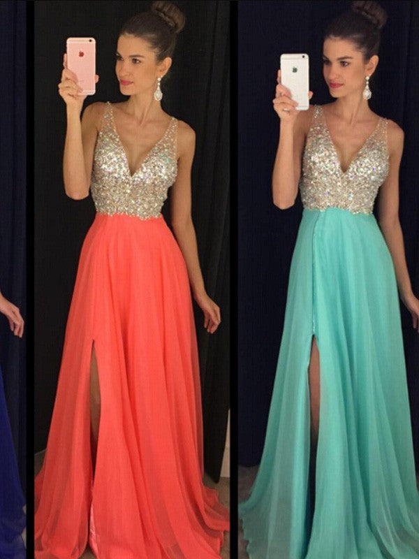 Vestidos de fiesta elegantes de gasa con escote en V, sin mangas, con cuentas y largo hasta el suelo