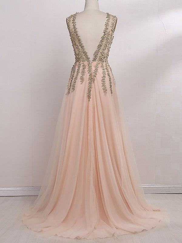 Vestidos de fiesta elegantes de tul con cuentas, sin mangas y escote en V, corte A