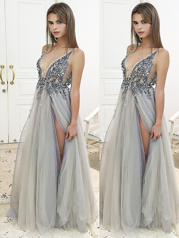Vestidos de fiesta elegantes de tul con cuentas, sin mangas, escote en V y corte A