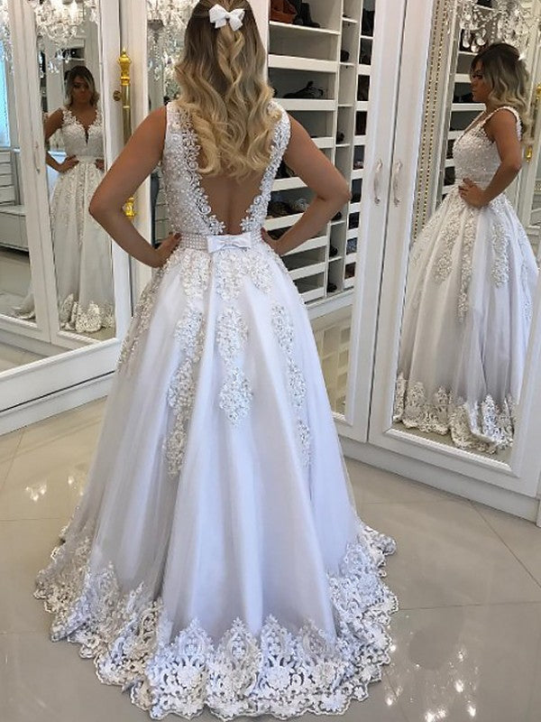 Vestidos de fiesta elegantes de tul con encaje, sin mangas, escote en V y corte A