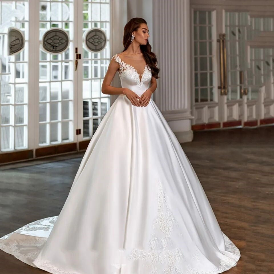Boho Satin Wedding Dresses A line Lace Appliques Bridal Gowns Elegant V Neck Princess Wedding Party Gowns-payinti