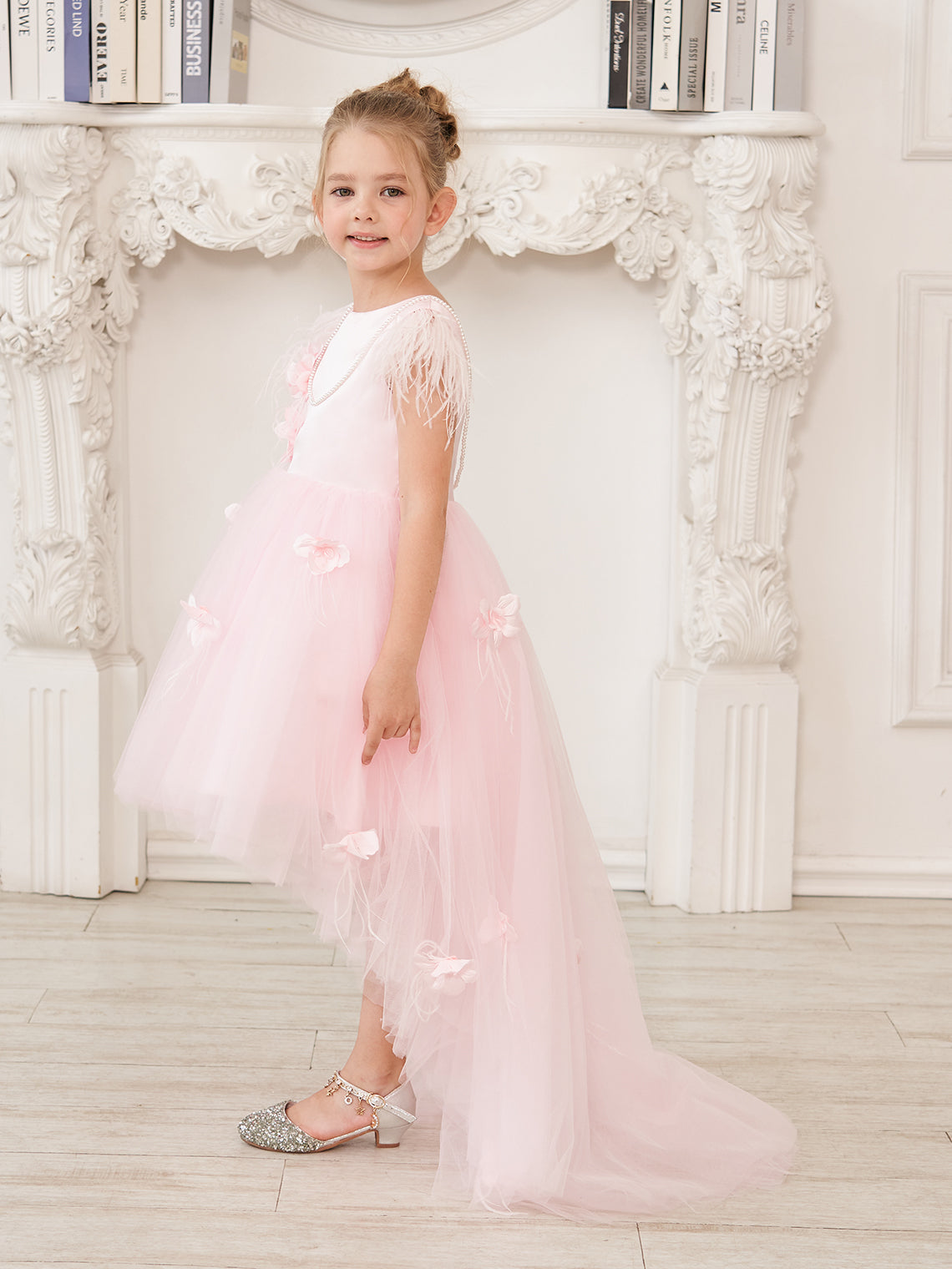 Princess Sleeveless Tulle Flower Girl Dress with Beading and Feather Bow (010224704)