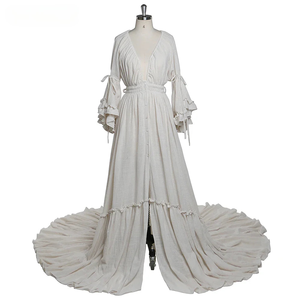 Deep V Neck Long Sleeves Maternity Dresses for Photo Shoot with Front Buttons and Adjustable Waist Sunnderly SY211202