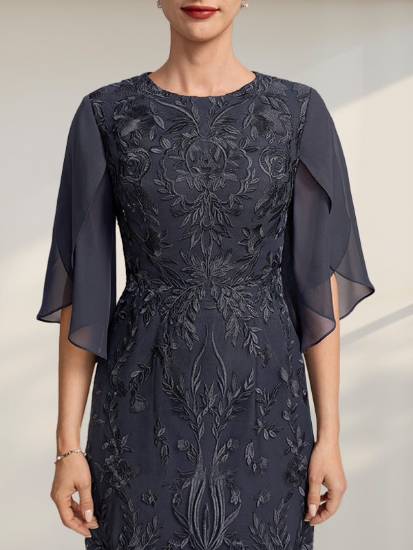 Etui-Linie/Säule U-Ausschnitt Wadenlang Spitze Chiffon Kleid für die Brautmutter